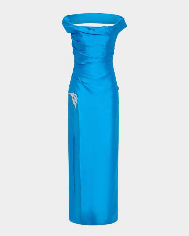 Bailey Draped Off-The-Shoulder Crystal Slit Gown
